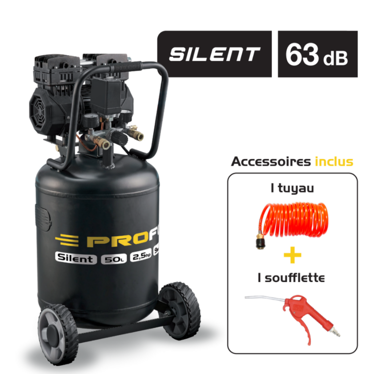 Compresseur Silencieux 50L Seconde Life Grade A+ – 2,5CV Haute Performance avec Accessoires Inclus